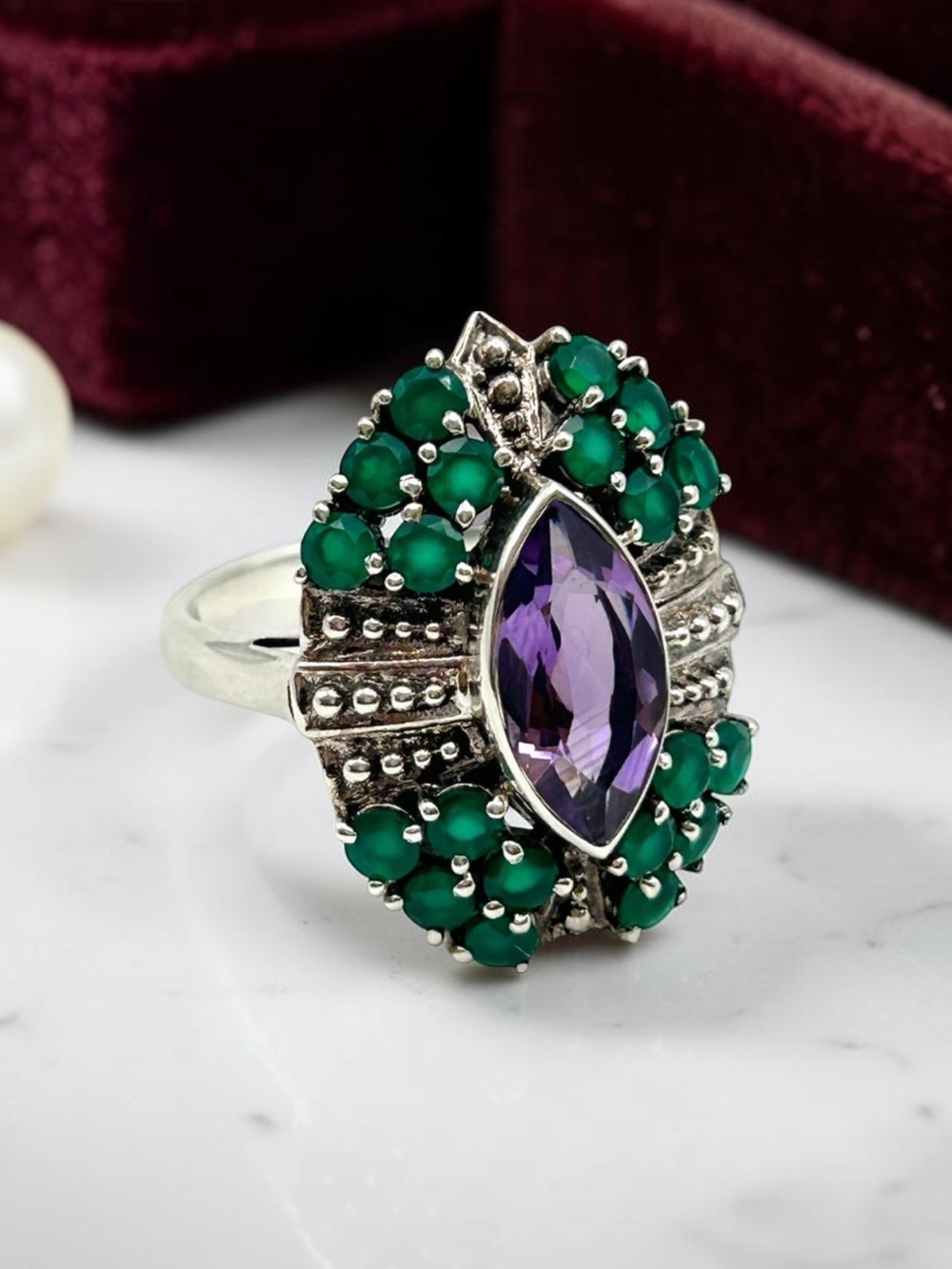 Nicky Butler 925 Sterling Silver Amethyst & Green Onyx Statement Ring (Size 10)